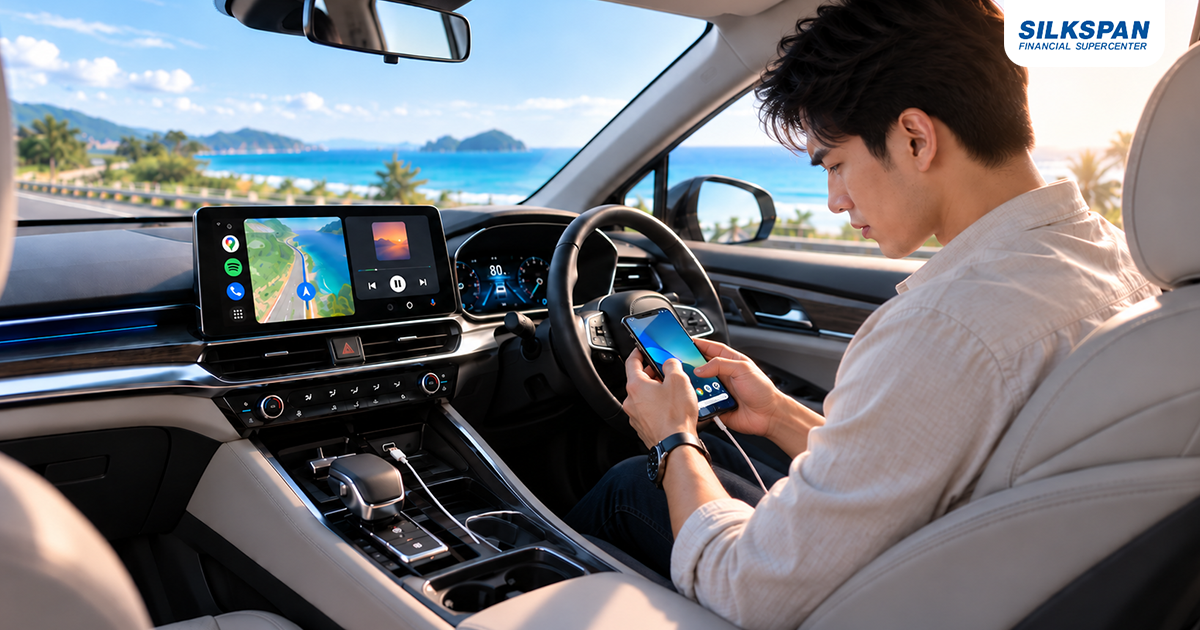ผู้ขับขี่กำลังตรวจสอบโทรศัพท์และหน้าจอรถเมื่อ Android Auto เชื่อมต่อไม่ได้