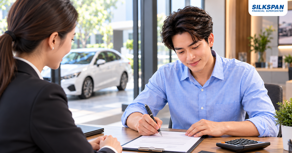 ผู้เช่ากำลังตรวจและเซ็นสัญญาเช่ารถรายเดือนก่อนรับกุญแจรถ