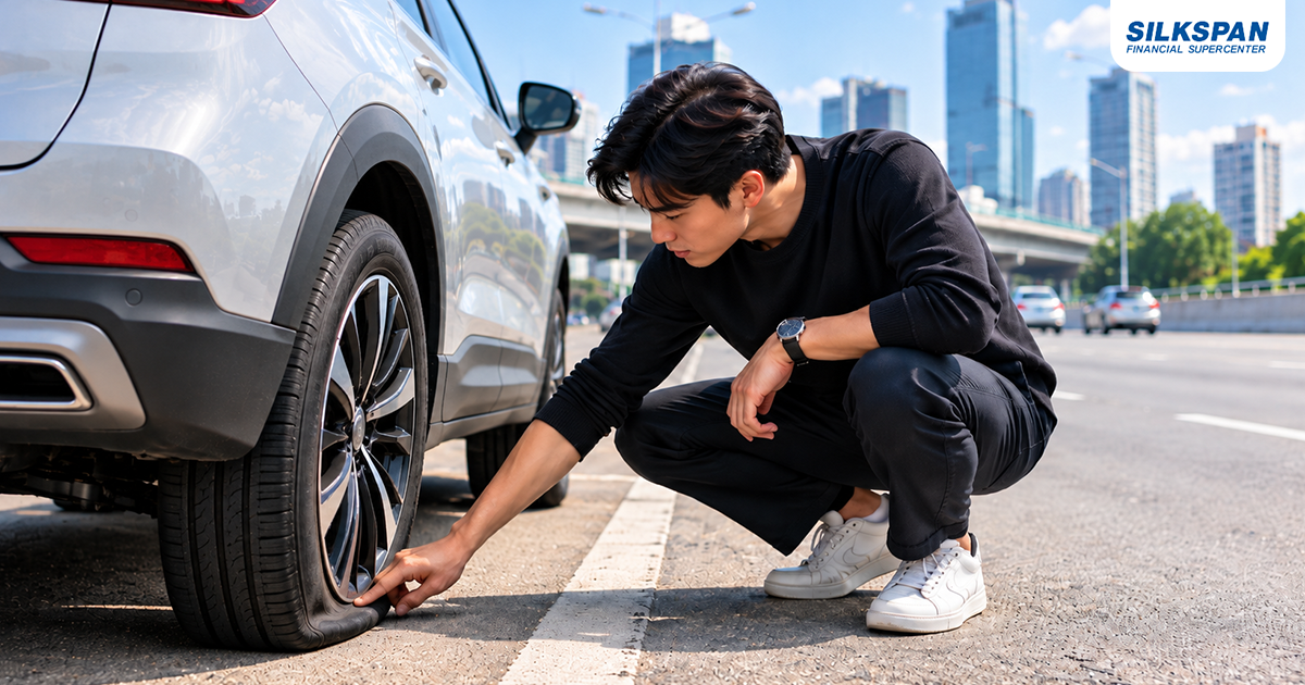 ผู้ขับขี่จอดรถในจุดปลอดภัยและตรวจสภาพยางหลังไฟเตือนลมยาง TPMS ขึ้น